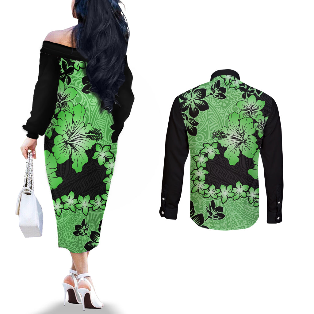 Green Hawaii Couples Matching Off The Shoulder Long Sleeve Dress and Long Sleeve Button Shirt Tapa Cloth Mix Tropical Flowers Pastel Vibes LT14 - Polynesian Pride