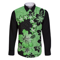 Green Hawaii Family Matching Off Shoulder Short Dress and Hawaiian Shirt Tapa Cloth Mix Tropical Flowers Pastel Vibes LT14 Dad's Shirt - Long Sleeve Green - Polynesian Pride