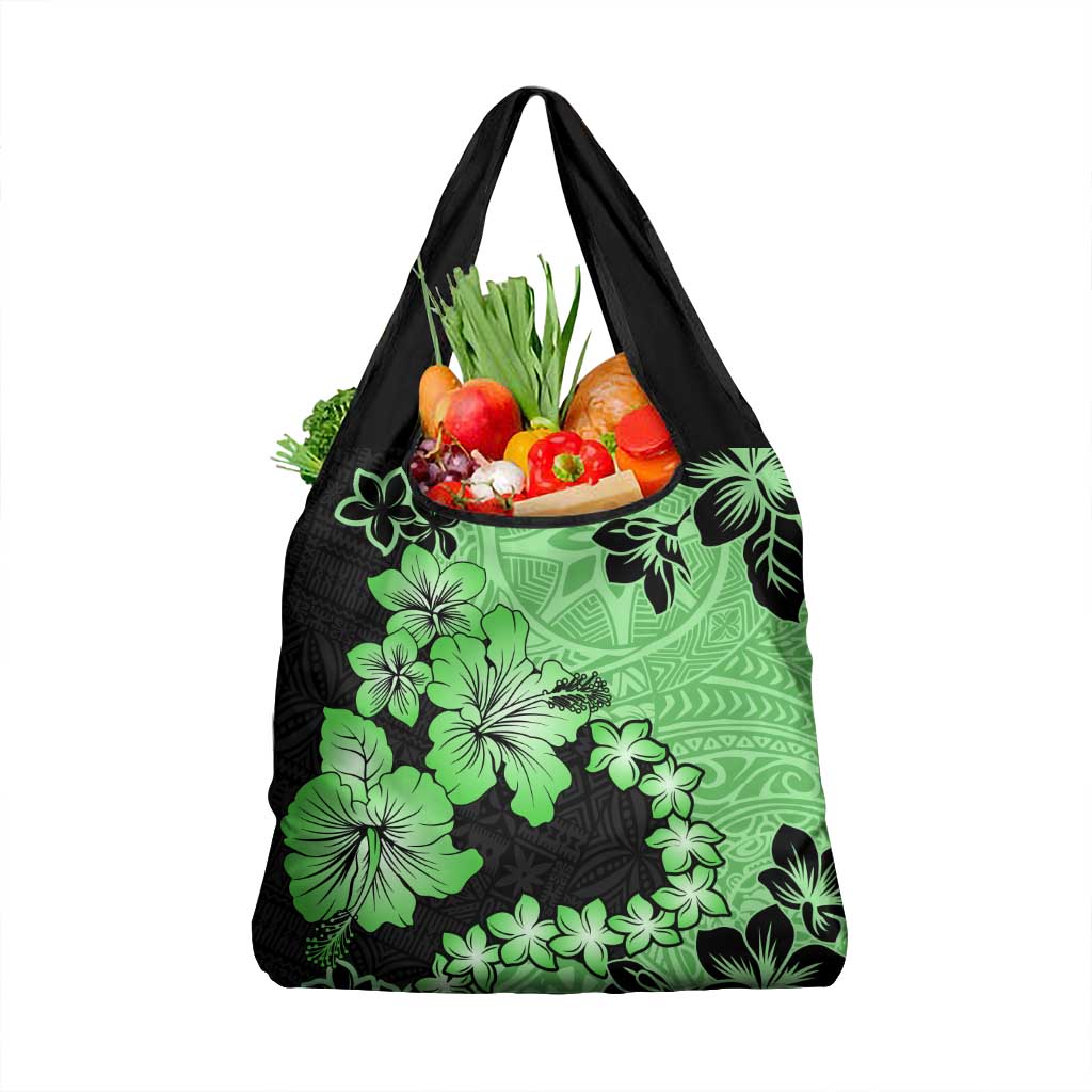 Green Hawaii Grocery Bag Tapa Cloth Mix Tropical Flowers Pastel Vibes