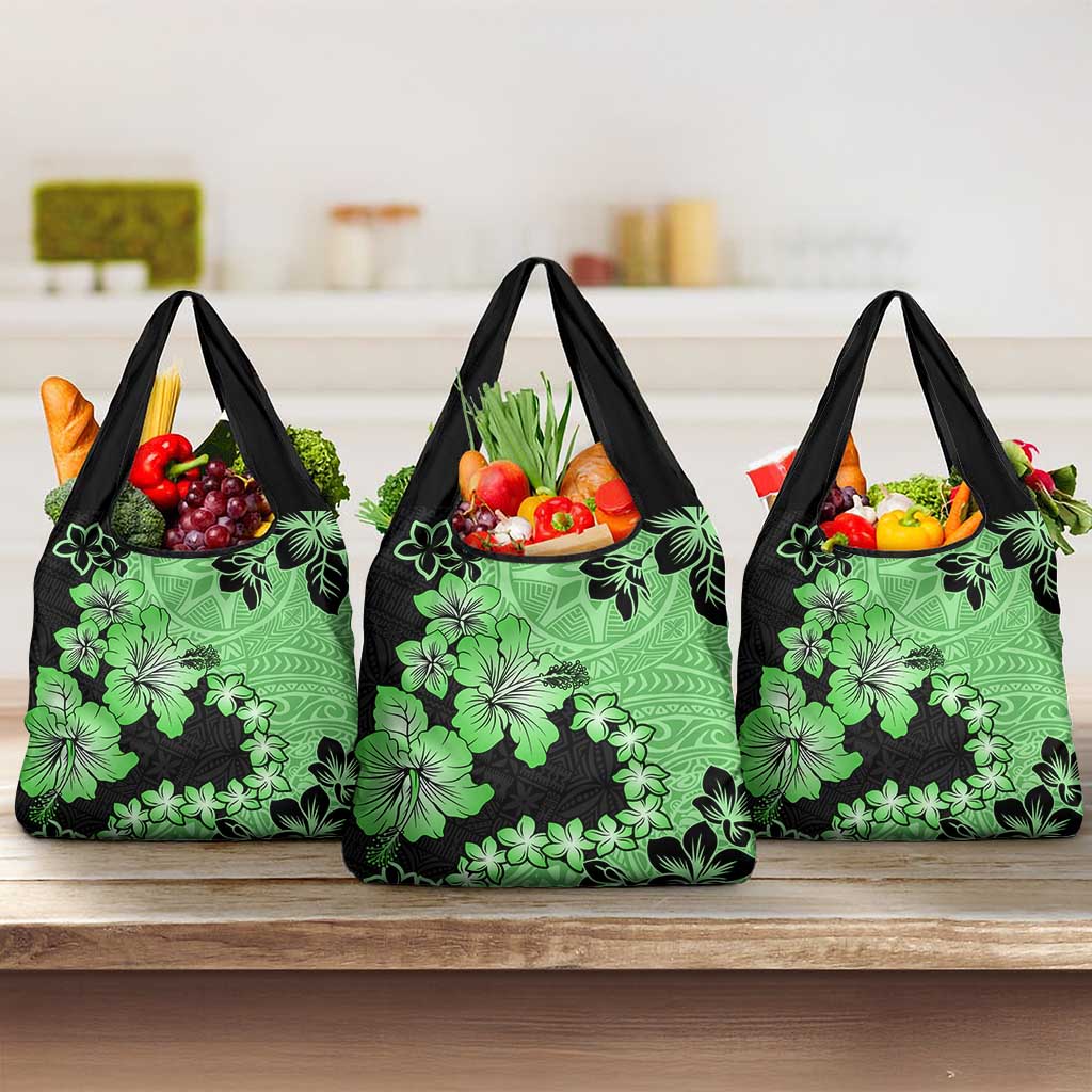 Green Hawaii Grocery Bag Tapa Cloth Mix Tropical Flowers Pastel Vibes
