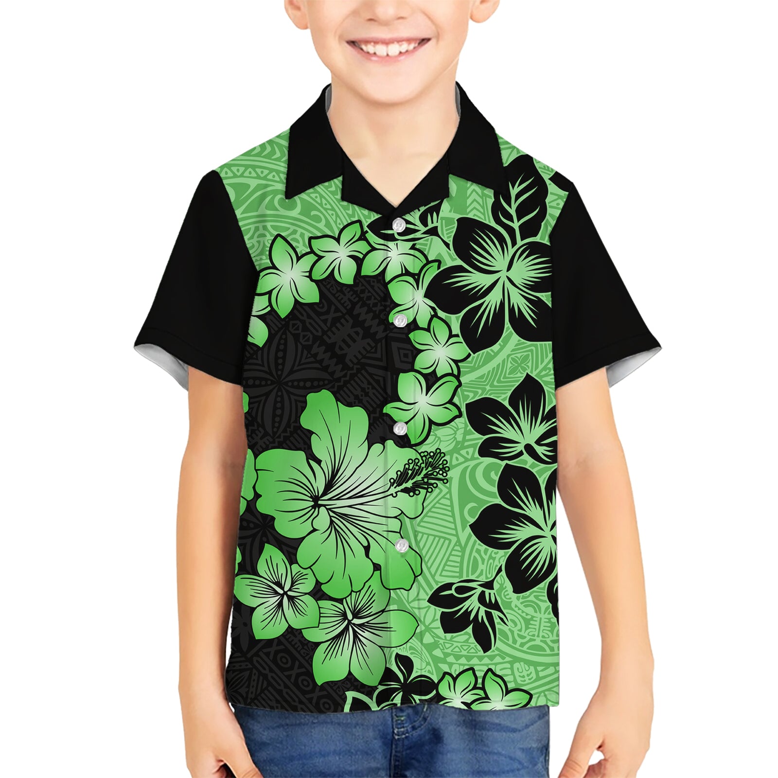 Green Hawaii Kid Hawaiian Shirt Tapa Cloth Mix Tropical Flowers Pastel Vibes LT14 Kid Green - Polynesian Pride