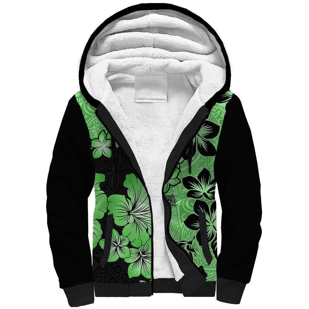 Green Hawaii Sherpa Hoodie Tapa Cloth Mix Tropical Flowers Pastel Vibes LT14 Unisex Green - Polynesian Pride