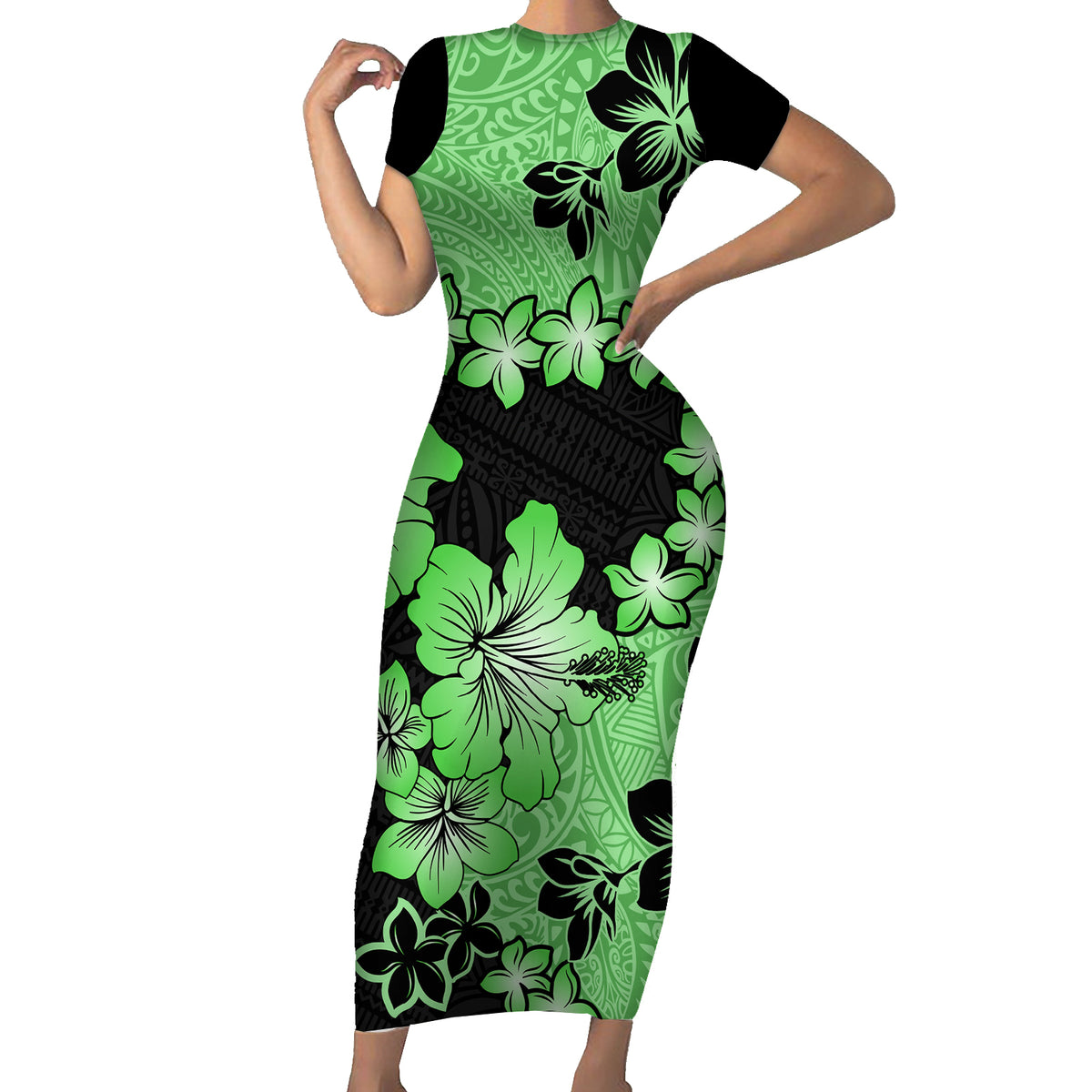 Green Hawaii Short Sleeve Bodycon Dress Tapa Cloth Mix Tropical Flowers Pastel Vibes LT14 Long Dress Green - Polynesian Pride