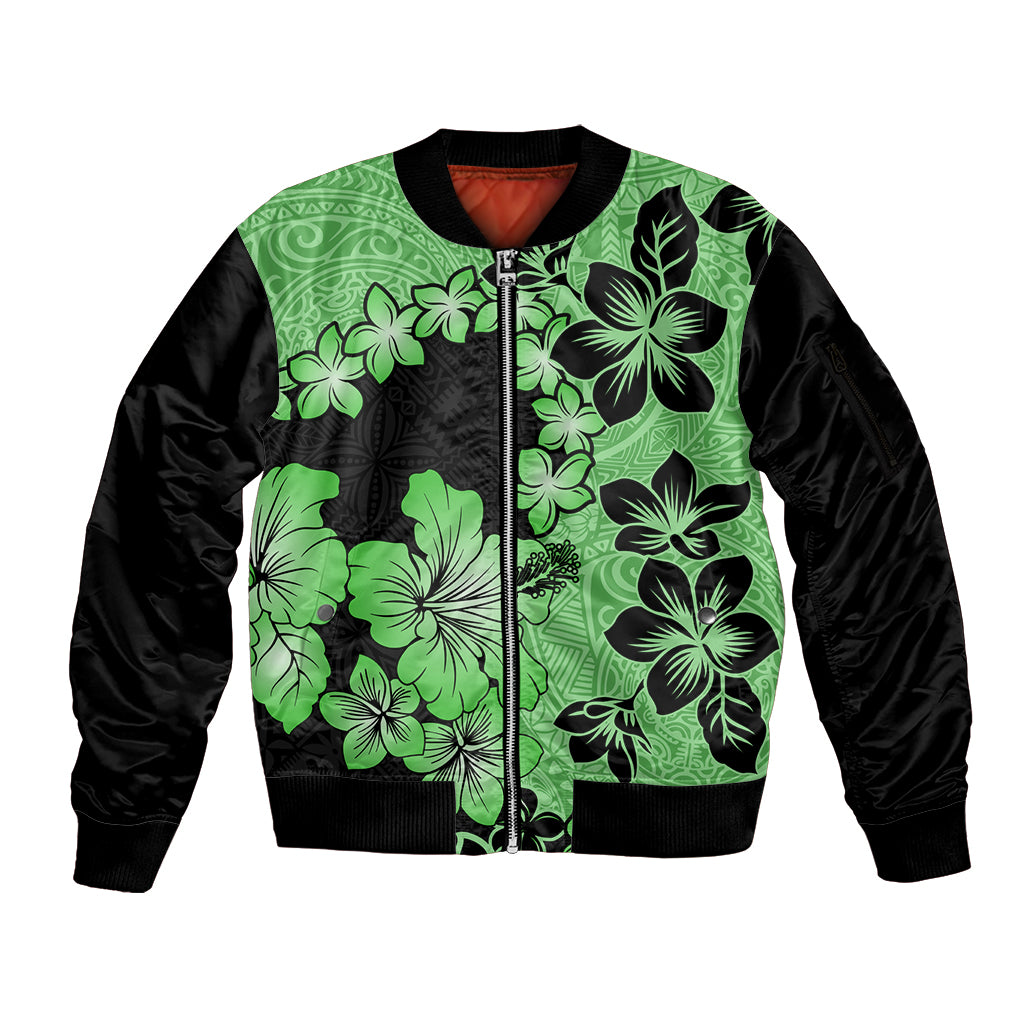 Green Hawaii Sleeve Zip Bomber Jacket Tapa Cloth Mix Tropical Flowers Pastel Vibes LT14 Unisex Green - Polynesian Pride