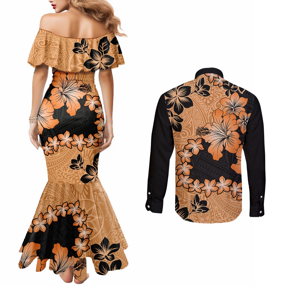 Orange Hawaii Couples Matching Mermaid Dress and Long Sleeve Button Shirt Tapa Cloth Mix Tropical Flowers Pastel Vibes LT14 - Polynesian Pride