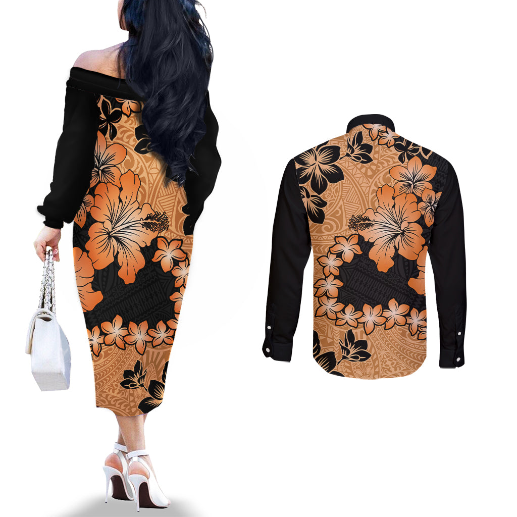 Orange Hawaii Couples Matching Off The Shoulder Long Sleeve Dress and Long Sleeve Button Shirt Tapa Cloth Mix Tropical Flowers Pastel Vibes LT14 - Polynesian Pride
