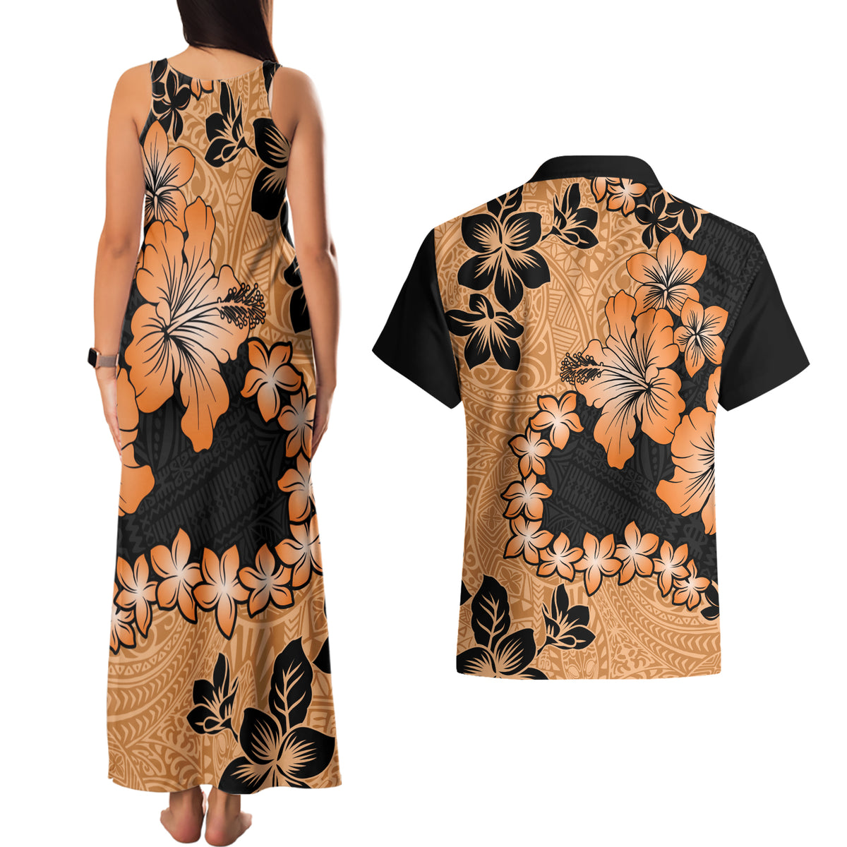 Orange Hawaii Couples Matching Tank Maxi Dress and Hawaiian Shirt Tapa Cloth Mix Tropical Flowers Pastel Vibes LT14 - Polynesian Pride