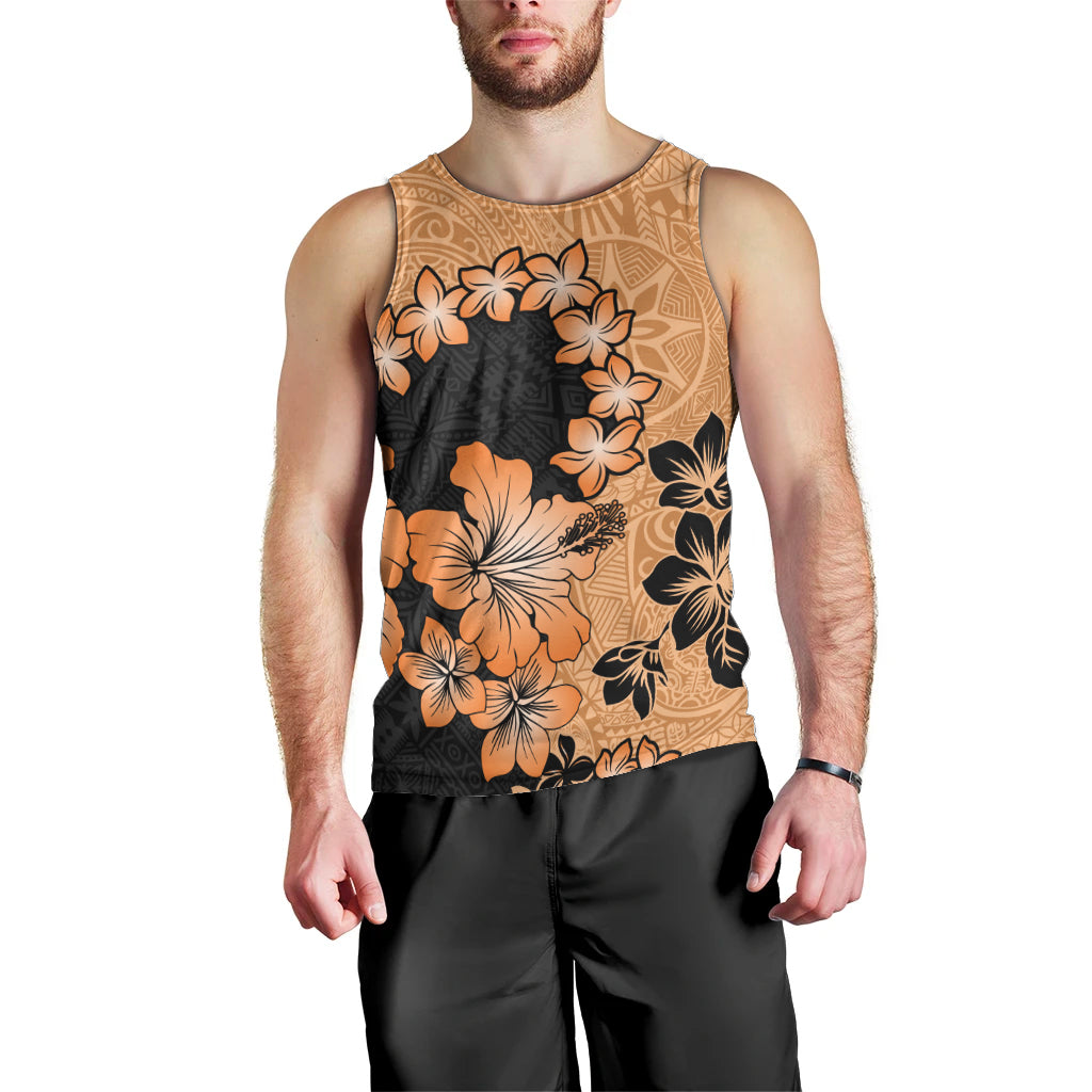 Orange Hawaii Men Tank Top Tapa Cloth Mix Tropical Flowers Pastel Vibes LT14 - Polynesian Pride