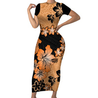 Orange Hawaii Short Sleeve Bodycon Dress Tapa Cloth Mix Tropical Flowers Pastel Vibes LT14 Long Dress Orange - Polynesian Pride