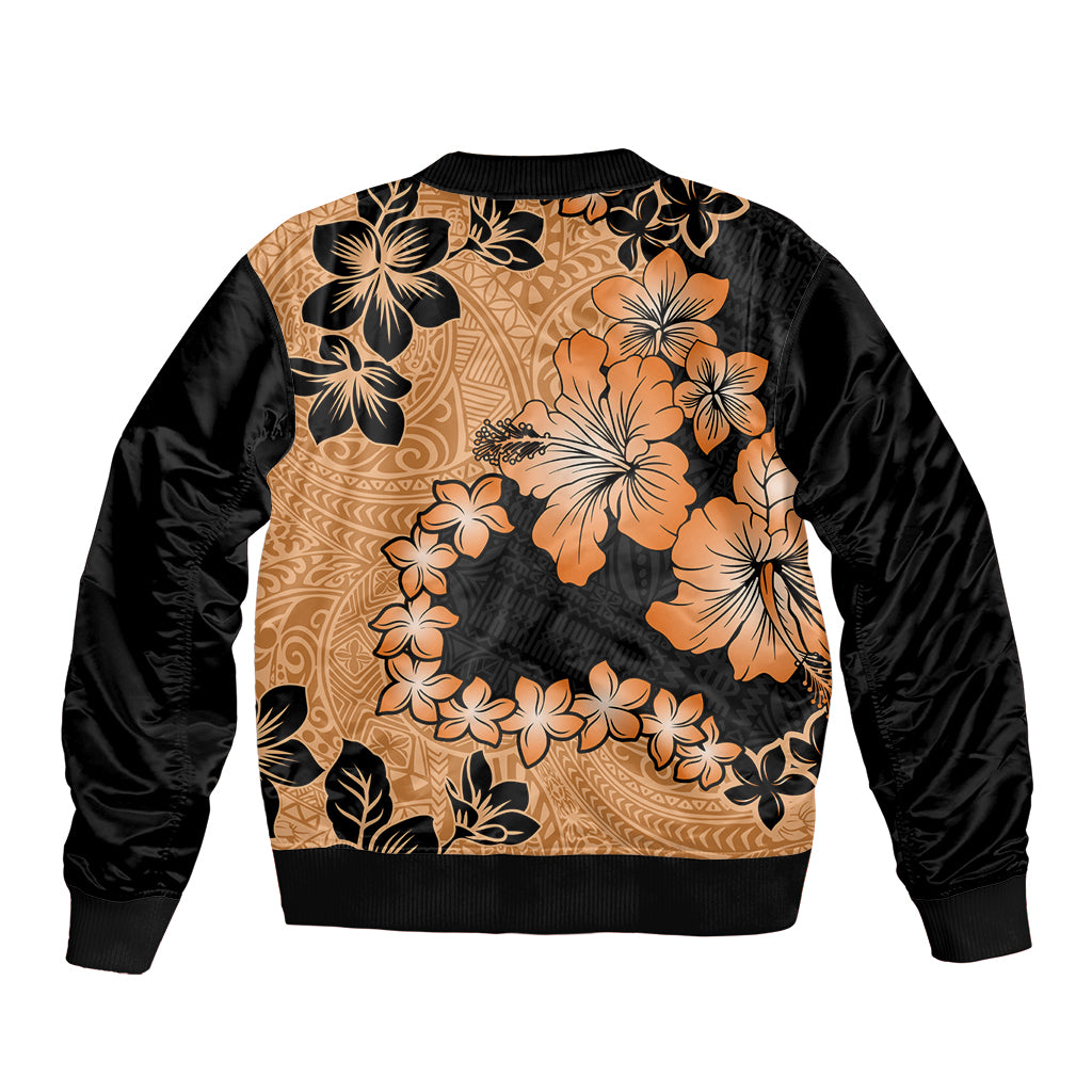 Orange Hawaii Sleeve Zip Bomber Jacket Tapa Cloth Mix Tropical Flowers Pastel Vibes LT14 - Polynesian Pride