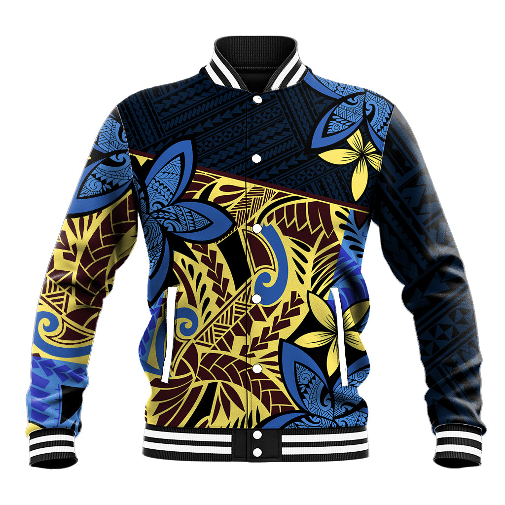 Polynesia Fabric Baseball Jacket Polynesian Tribal With Frangipani Flowers LT14 Unisex Blue - Polynesian Pride