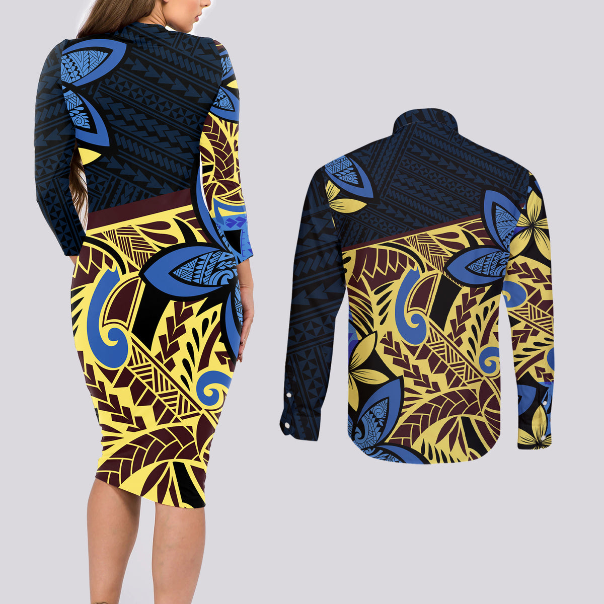 Polynesia Fabric Couples Matching Long Sleeve Bodycon Dress and Long Sleeve Button Shirt Polynesian Tribal With Frangipani Flowers LT14 - Polynesian Pride