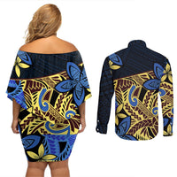 Polynesia Fabric Couples Matching Off Shoulder Short Dress and Long Sleeve Button Shirt Polynesian Tribal With Frangipani Flowers LT14 - Polynesian Pride