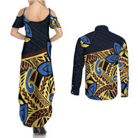 Polynesia Fabric Couples Matching Summer Maxi Dress and Long Sleeve Button Shirt Polynesian Tribal With Frangipani Flowers LT14 - Polynesian Pride