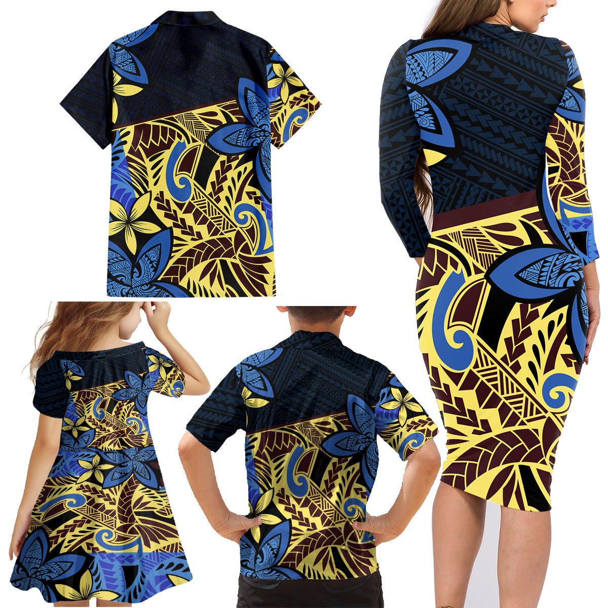 Polynesia Fabric Family Matching Long Sleeve Bodycon Dress and Hawaiian Shirt Polynesian Tribal With Frangipani Flowers LT14 - Polynesian Pride