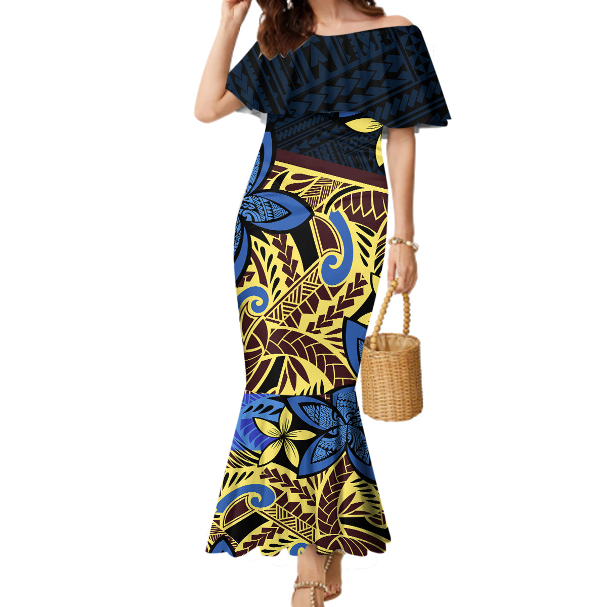 Polynesia Fabric Family Matching Mermaid Dress and Hawaiian Shirt Polynesian Tribal With Frangipani Flowers LT14 Mom's Dress Blue - Polynesian Pride