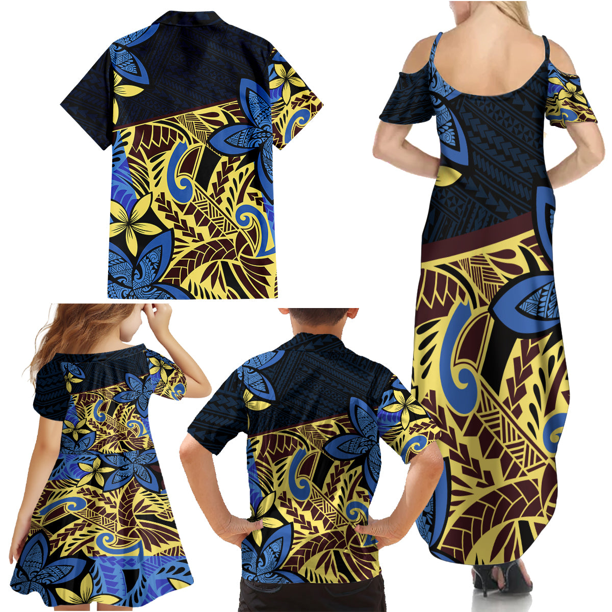 Polynesia Fabric Family Matching Summer Maxi Dress and Hawaiian Shirt Polynesian Tribal With Frangipani Flowers LT14 - Polynesian Pride