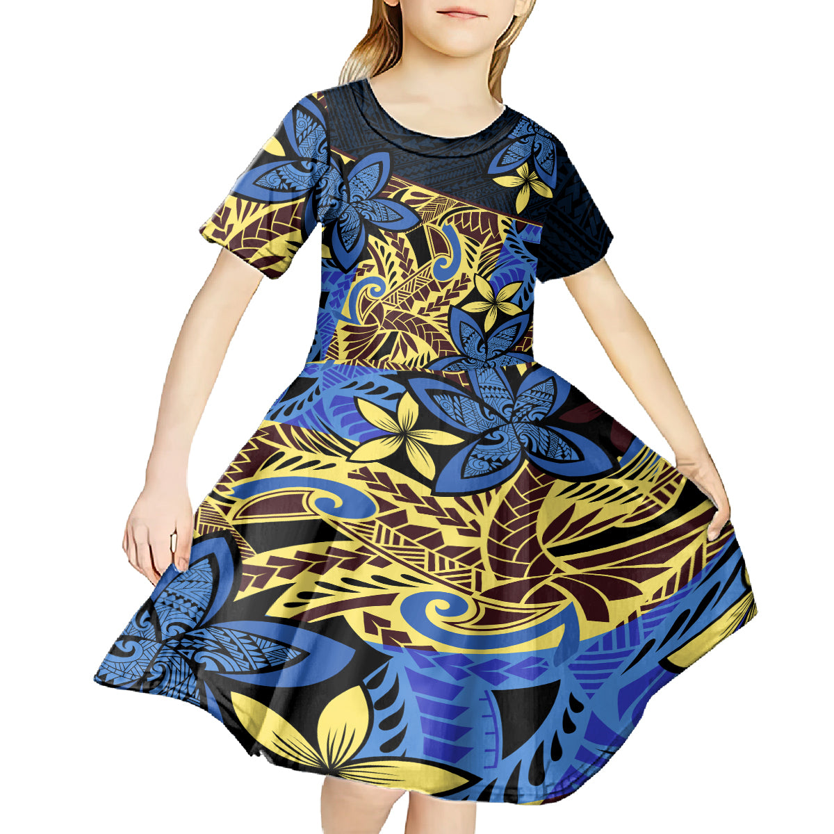 Polynesia Fabric Kid Short Sleeve Dress Polynesian Tribal With Frangipani Flowers LT14 - Polynesian Pride