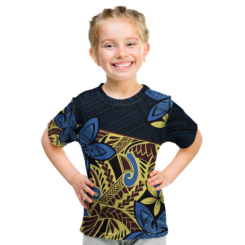 Polynesia Fabric Kid T Shirt Polynesian Tribal With Frangipani Flowers LT14 Blue - Polynesian Pride