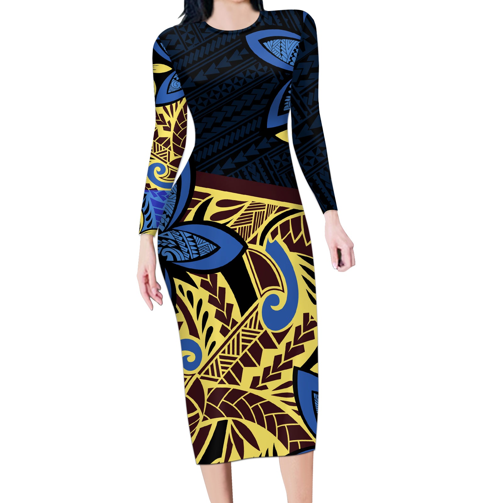 Polynesia Fabric Long Sleeve Bodycon Dress Polynesian Tribal With Frangipani Flowers LT14 Long Dress Blue - Polynesian Pride