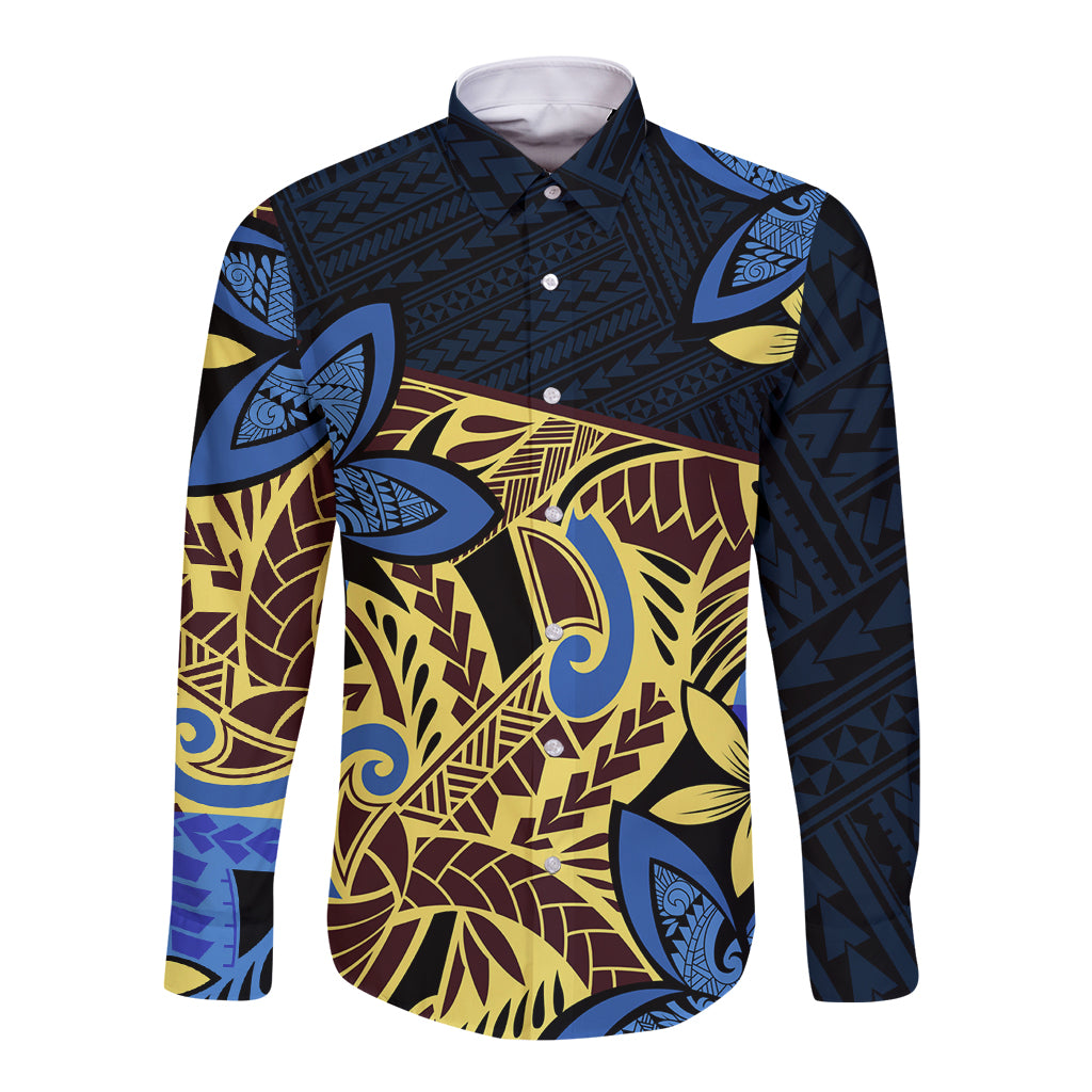 Polynesia Fabric Long Sleeve Button Shirt Polynesian Tribal With Frangipani Flowers LT14 Unisex Blue - Polynesian Pride