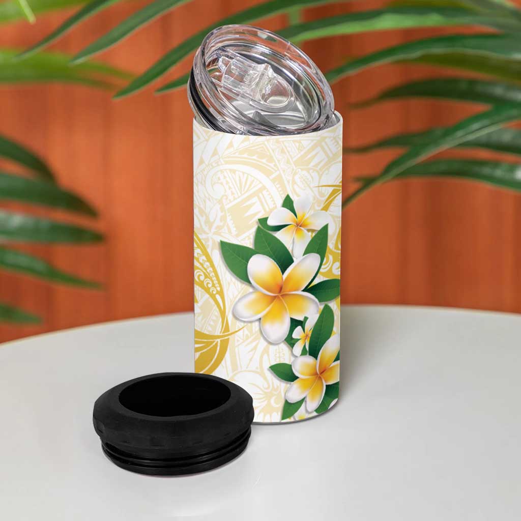 Gold And White Polynesia Plumeria 4 in 1 Can Cooler Tumbler Curves Tropical Vibes