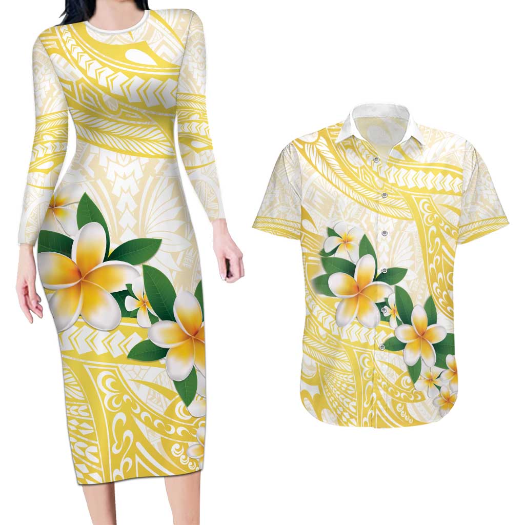 Gold And White Polynesia Plumeria Couples Matching Long Sleeve Bodycon Dress and Hawaiian Shirt Curves Tropical Vibes LT14 Gold - Polynesian Pride