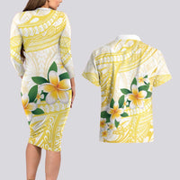 Gold And White Polynesia Plumeria Couples Matching Long Sleeve Bodycon Dress and Hawaiian Shirt Curves Tropical Vibes LT14 - Polynesian Pride