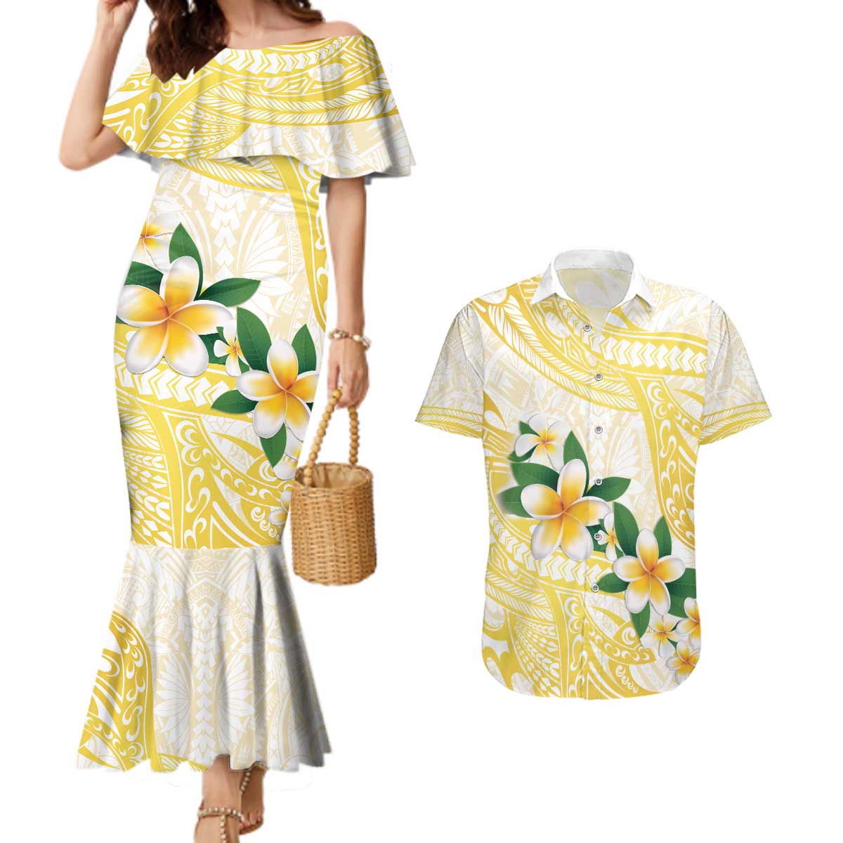 Gold And White Polynesia Plumeria Couples Matching Mermaid Dress and Hawaiian Shirt Curves Tropical Vibes