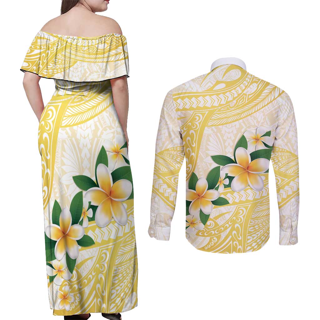Gold And White Polynesia Plumeria Couples Matching Off Shoulder Maxi Dress and Long Sleeve Button Shirt Curves Tropical Vibes