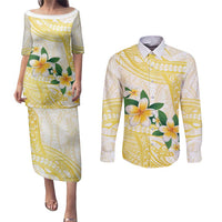 Gold And White Polynesia Plumeria Couples Matching Puletasi and Long Sleeve Button Shirt Curves Tropical Vibes
