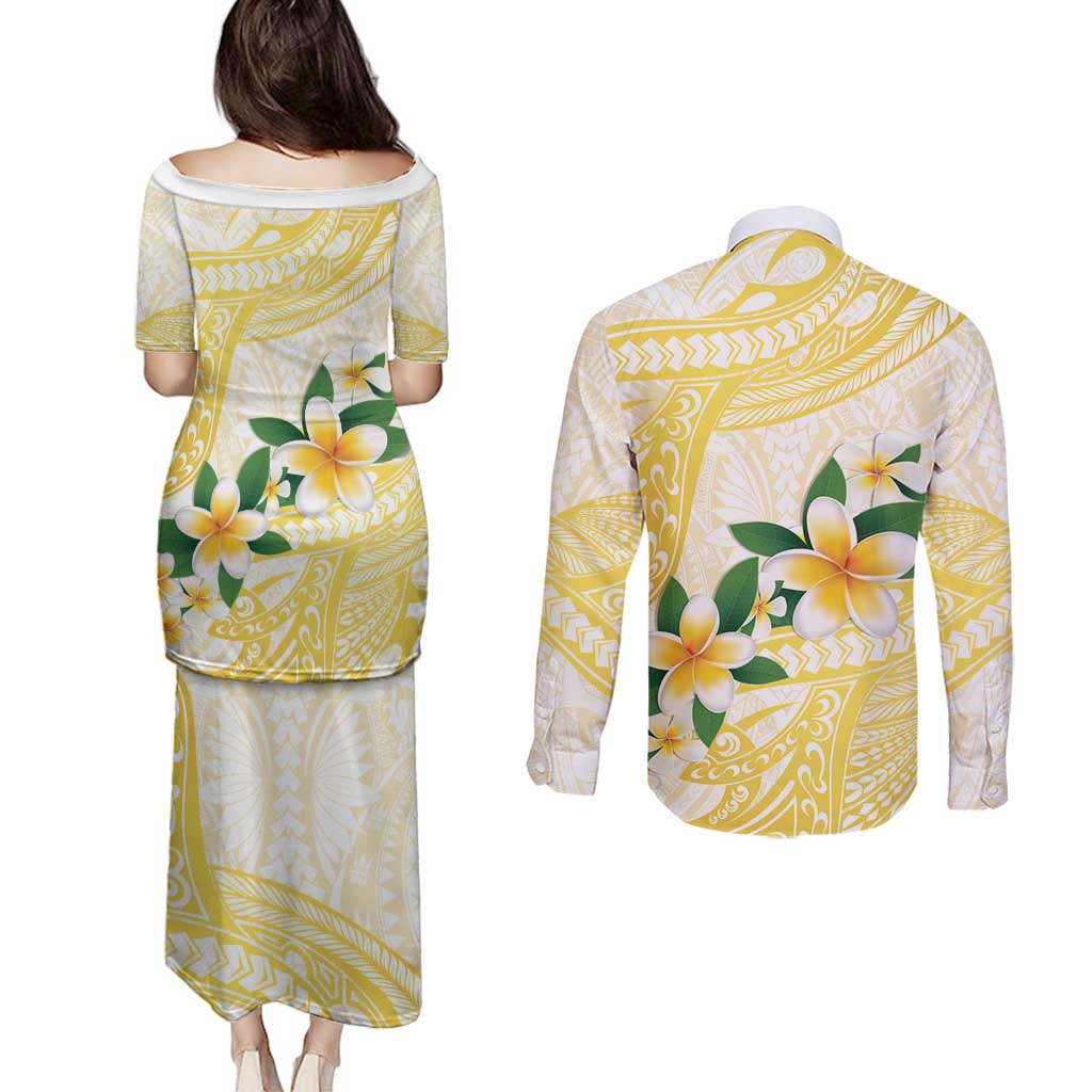 Gold And White Polynesia Plumeria Couples Matching Puletasi and Long Sleeve Button Shirt Curves Tropical Vibes