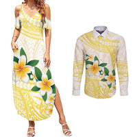 Gold And White Polynesia Plumeria Couples Matching Summer Maxi Dress and Long Sleeve Button Shirt Curves Tropical Vibes