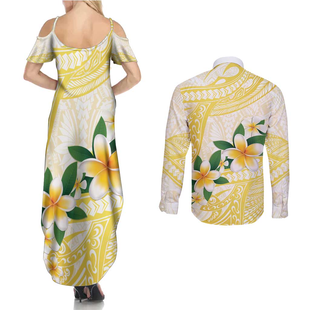 Gold And White Polynesia Plumeria Couples Matching Summer Maxi Dress and Long Sleeve Button Shirt Curves Tropical Vibes