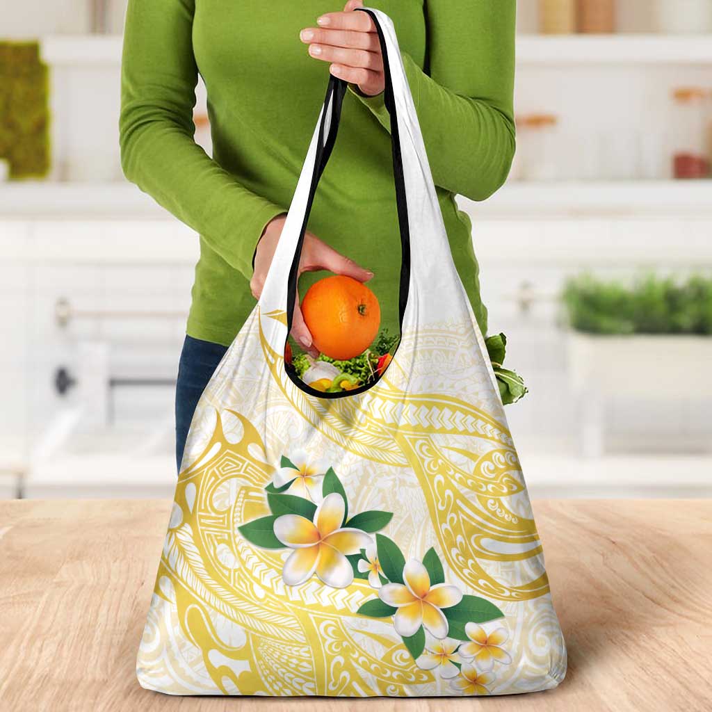 Gold And White Polynesia Plumeria Grocery Bag Curves Tropical Vibes