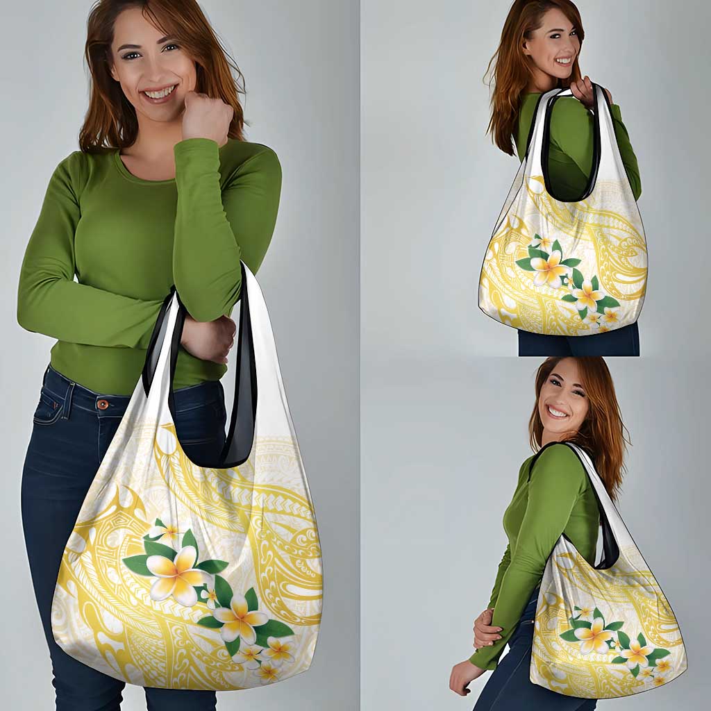 Gold And White Polynesia Plumeria Grocery Bag Curves Tropical Vibes