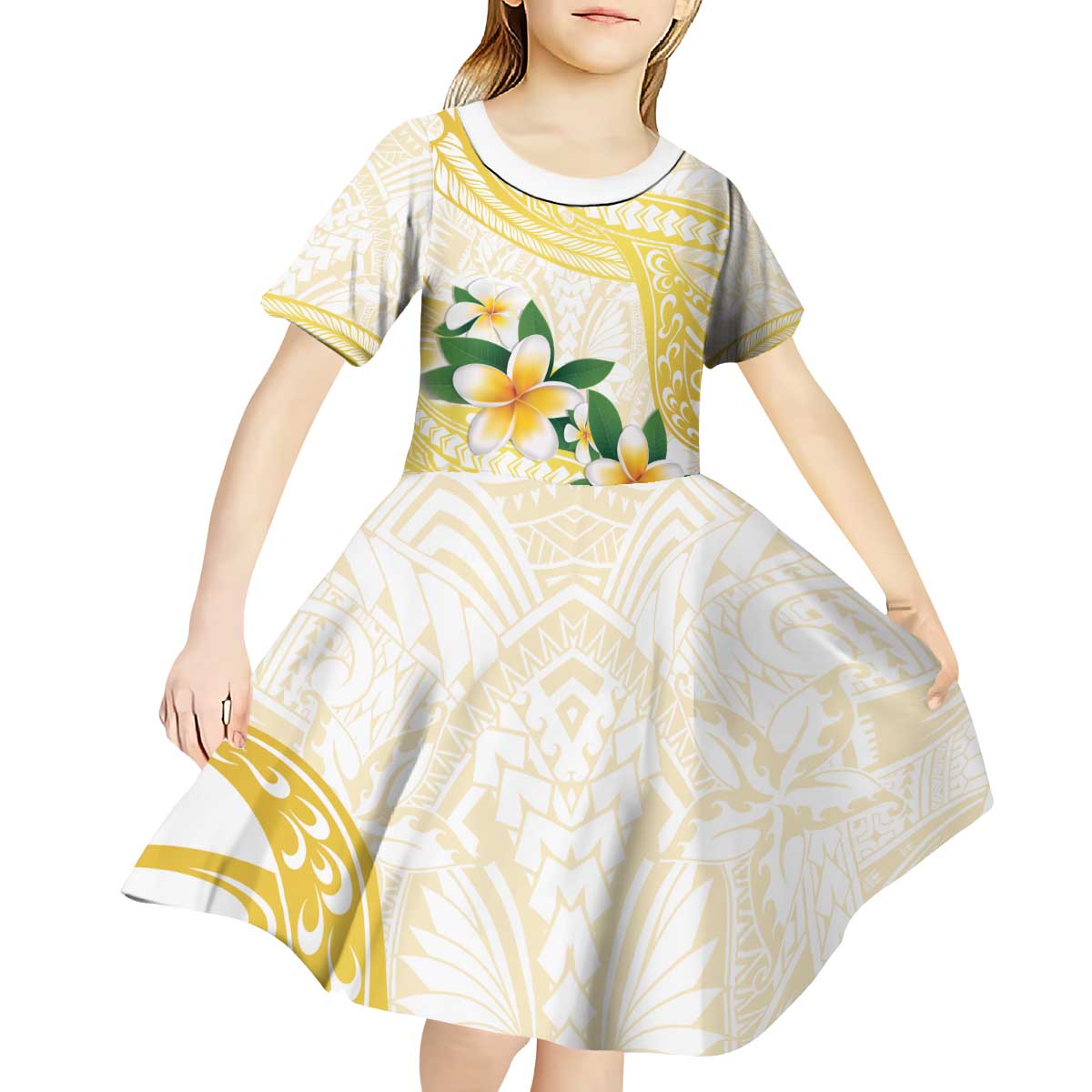 Gold And White Polynesia Plumeria Kid Short Sleeve Dress Curves Tropical Vibes LT14 - Polynesian Pride
