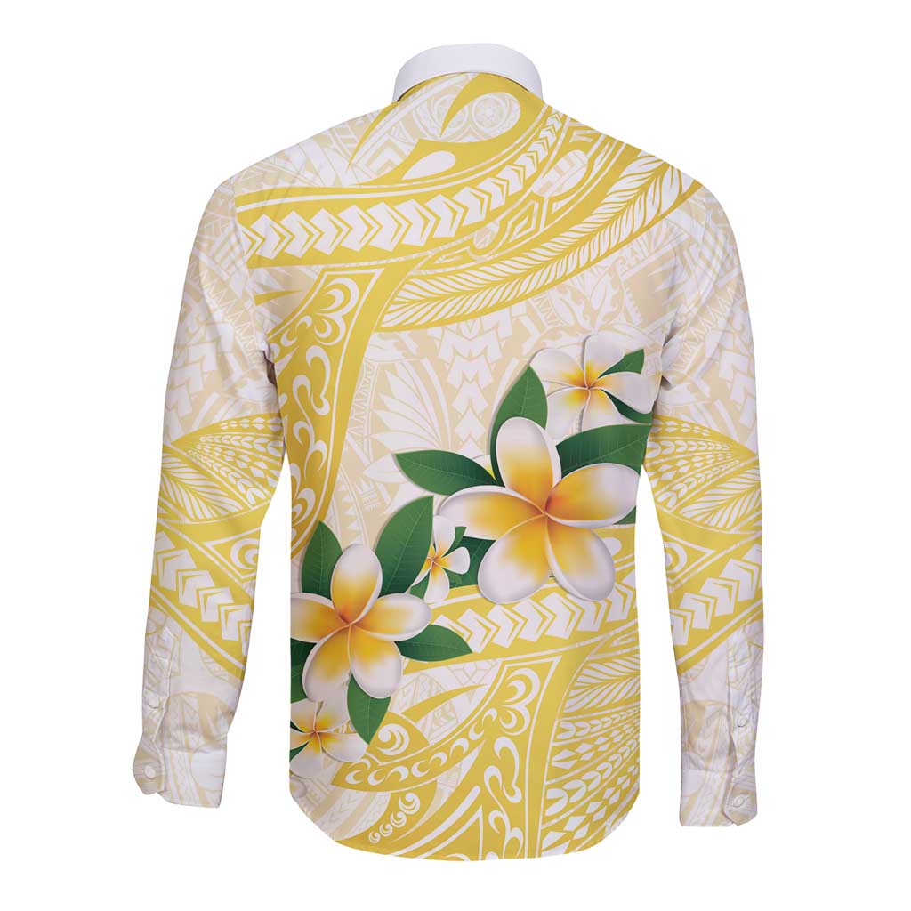 Gold And White Polynesia Plumeria Long Sleeve Button Shirt Curves Tropical Vibes LT14 - Polynesian Pride
