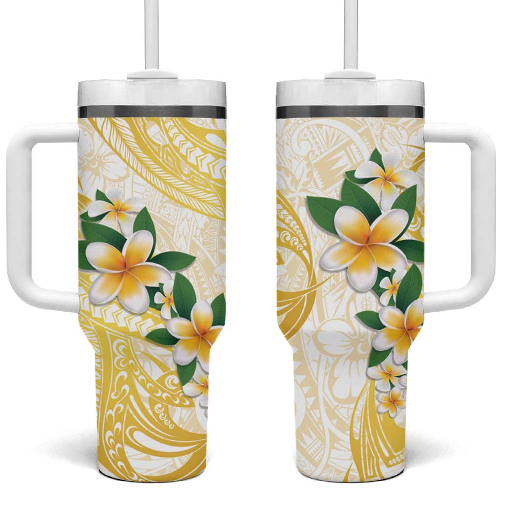 Gold And White Polynesia Plumeria Tumbler With Handle Curves Tropical Vibes LT14 One Size: 40 oz Gold - Polynesian Pride