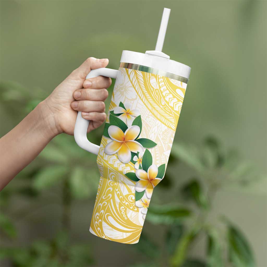 Gold And White Polynesia Plumeria Tumbler With Handle Curves Tropical Vibes LT14 - Polynesian Pride