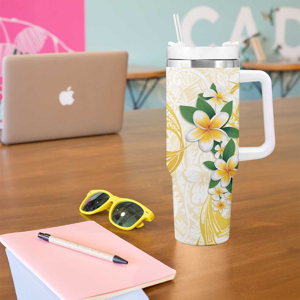 Gold And White Polynesia Plumeria Tumbler With Handle Curves Tropical Vibes LT14 - Polynesian Pride