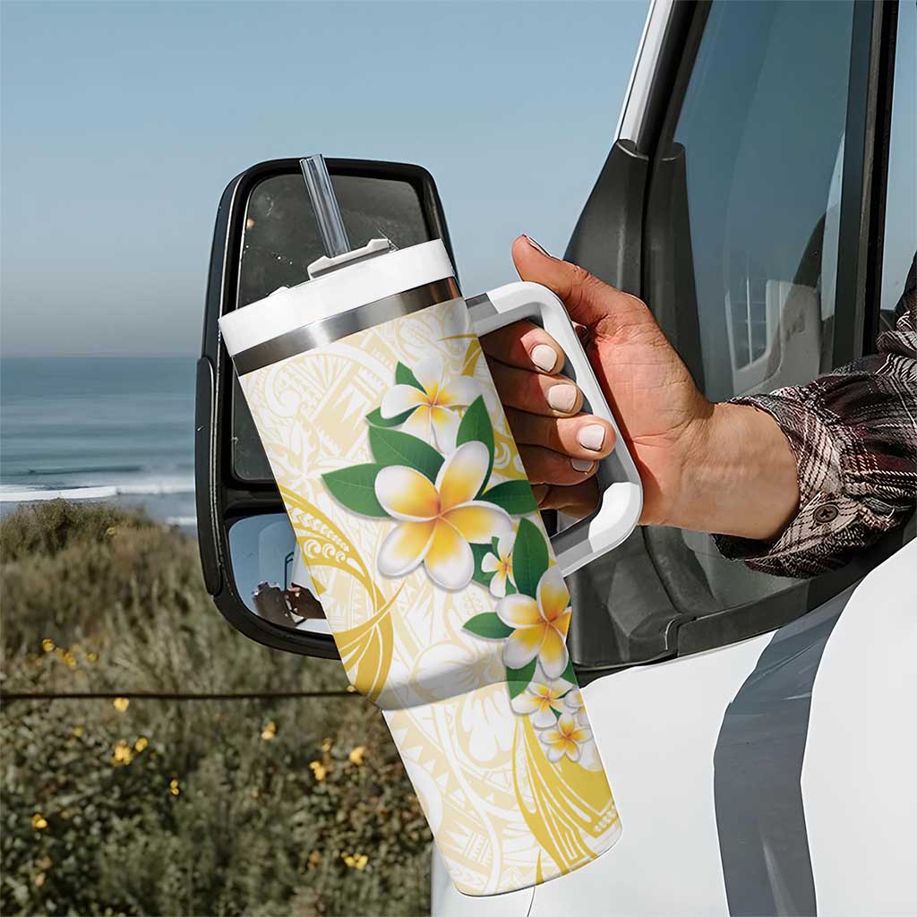 Gold And White Polynesia Plumeria Tumbler With Handle Curves Tropical Vibes LT14 - Polynesian Pride