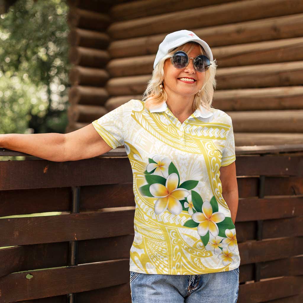 Gold And White Polynesia Plumeria Women Polo Shirt Curves Tropical Vibes