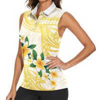 Gold And White Polynesia Plumeria Women Sleeveless Polo Shirt Curves Tropical Vibes LT14 - Polynesian Pride