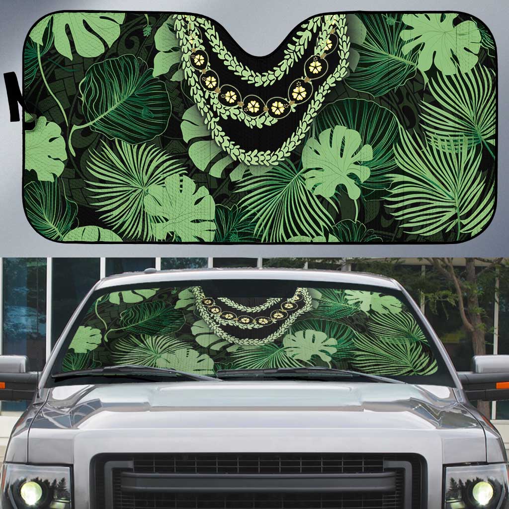 Green Hawaii Kukui Nut Lei Auto Sun Shade Hawaiian Pattern Monstera Tropical Vibes - Polynesian Pride