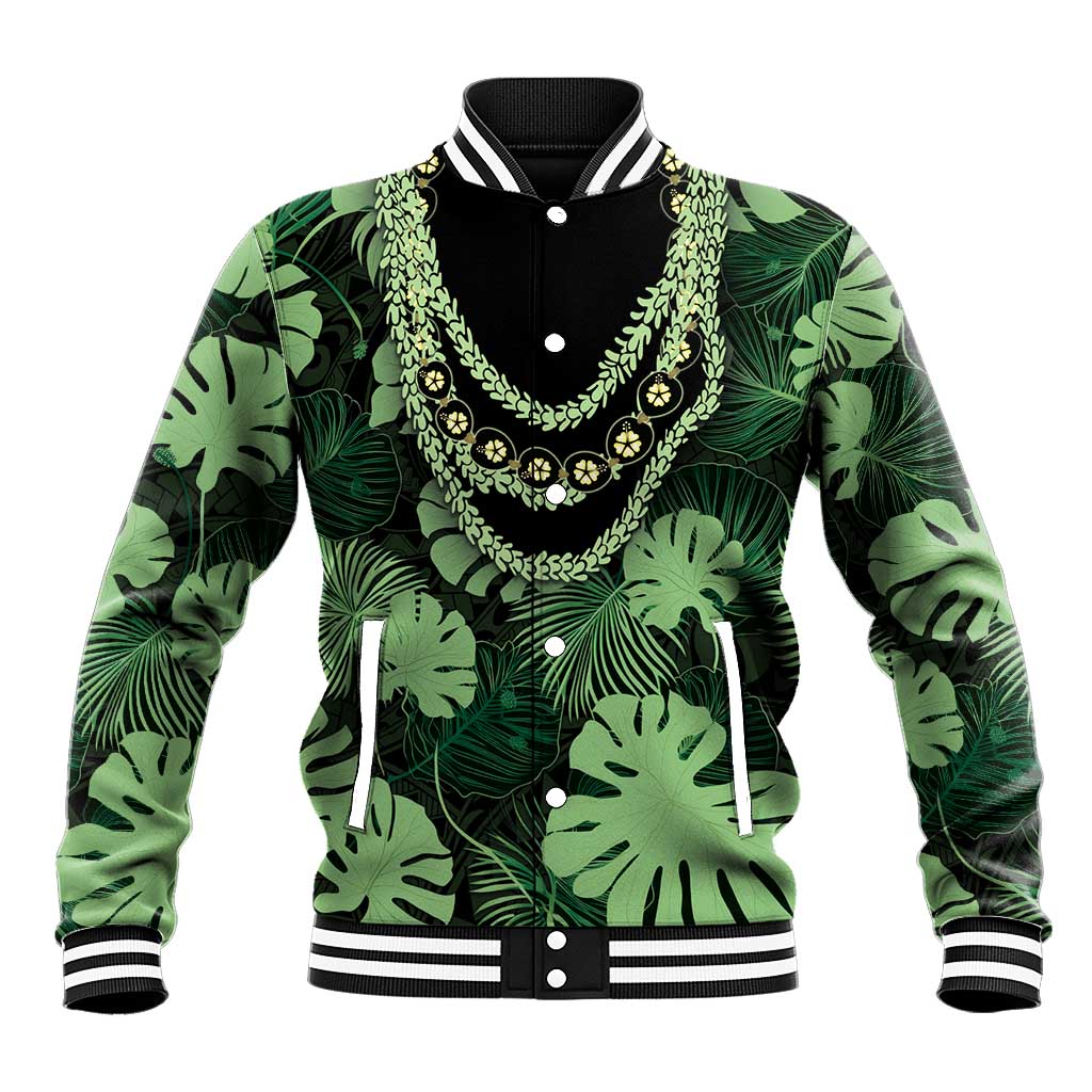 Green Hawaii Kukui Nut Lei Baseball Jacket Hawaiian Pattern Monstera Tropical Vibes - Polynesian Pride