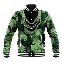 Green Hawaii Kukui Nut Lei Baseball Jacket Hawaiian Pattern Monstera Tropical Vibes - Polynesian Pride