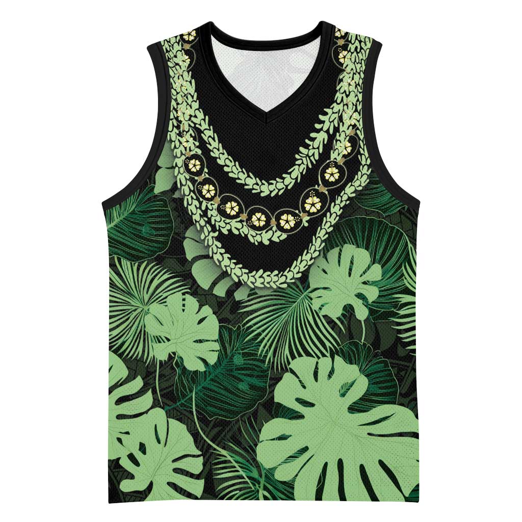 Green Hawaii Kukui Nut Lei Basketball Jersey Hawaiian Pattern Monstera Tropical Vibes - Polynesian Pride
