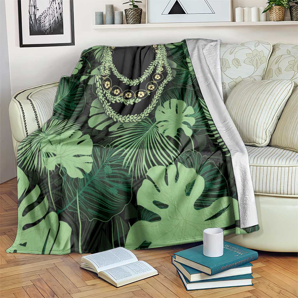 Green Hawaii Kukui Nut Lei Blanket Hawaiian Pattern Monstera Tropical Vibes - Polynesian Pride
