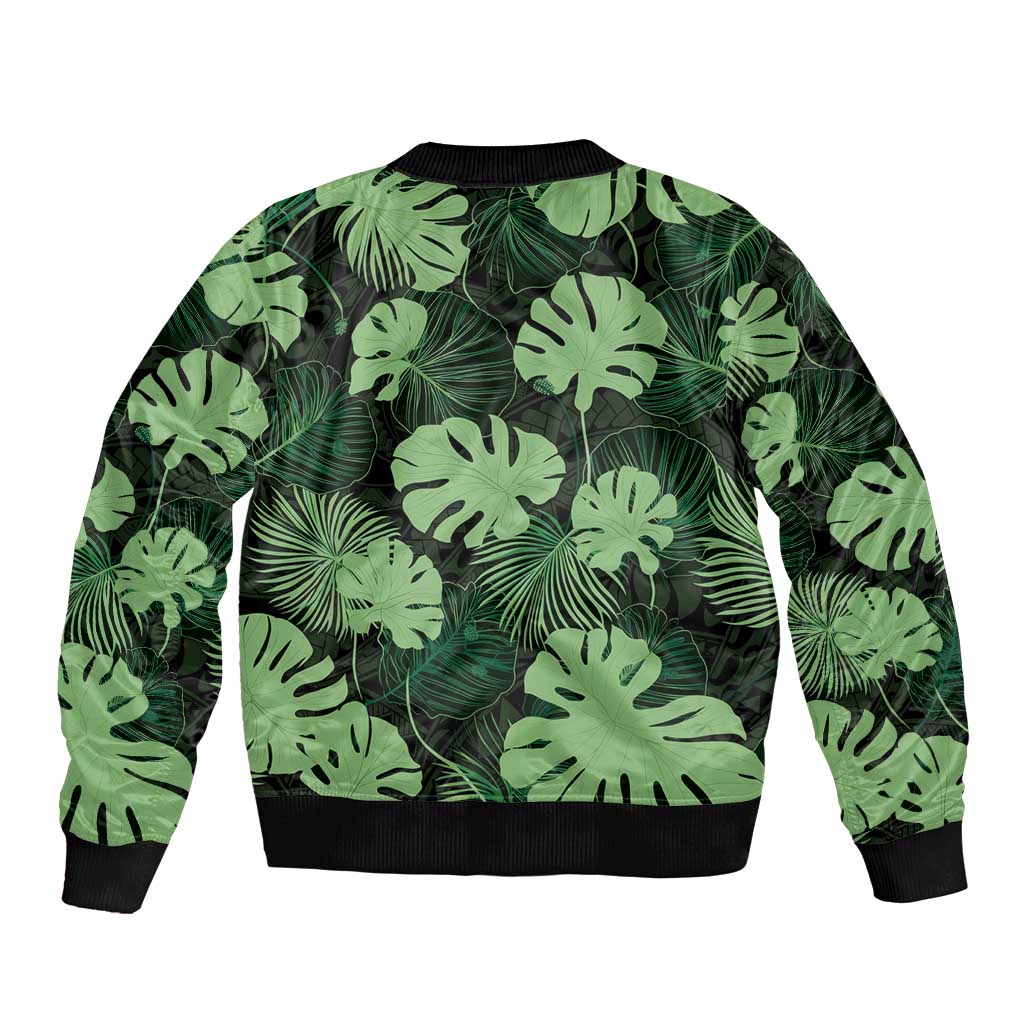 Green Hawaii Kukui Nut Lei Bomber Jacket Hawaiian Pattern Monstera Tropical Vibes - Polynesian Pride